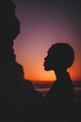 Poster - Silhouette of Woman Gazing at Sunset Over Ocean, Evoking Serenity and Contemplation for Wellness and Mindfulness Retreats : Generative AI