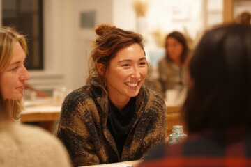 Aufkleber - Smiling Woman in Meeting With Colleagues, Representing Teamwork, Collaboration, and Workplace Diversity in a Modern Office Environment : Generative AI