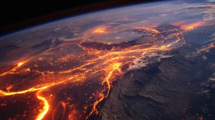 Wall Mural - a satellite image of massive forest fires seen from space, glowing orange veins across continents.