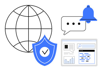 Poster - globe with shield and checkmark, speech bubble, notification bell, and data interface window. ideal 