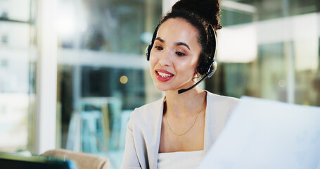 Leinwandbilder - Headset, laptop and businesswoman with document in online meeting for customer service, guidance or video call. Office, financial advisor and webinar for portfolio management, account advice and help
