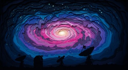 Wall Mural - Layered paper art of a spiral galaxy with radio telescopes.