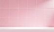 © TanyaFox - Pink 3d kitchen or bathroom scene with white table and tile background. Realistic room with shelf for product display