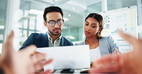 Aufkleber - Business meeting, hands and people with document feedback for budget projection, forecasting or finance pitch. Financial analyst, investor and data report for timeline review and cash flow analysis