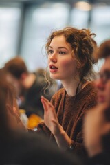 Poster - Young Woman Explaining Her Ideas During a Meeting, Representing Communication and Teamwork in the Workplace, and Promoting Corporate Training : Generative AI