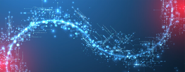 Poster - Digital circuit visualization vector background.  Neon glowing board pattern with interconnected lines, nodes, and binary code.