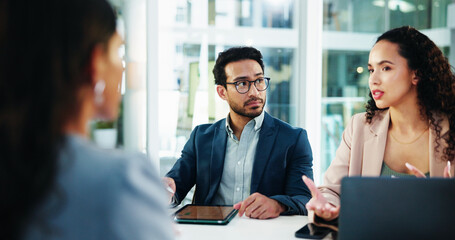 Poster - Discussion, meeting and business people with talk in interview for recruitment, deal or welcome. Communication, laptop and human resources employees with worker for onboarding, agreement or promotion