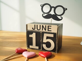 Poster - June 15 Wooden Block Calendar with Glasses Mustache and Heart Decoration