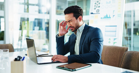 Aufkleber - Business, man and laptop with headache in office for financial mistake, corporate burnout and auditing deadline. Accountant, employee and tension migraine at accounting firm with pressure and stress