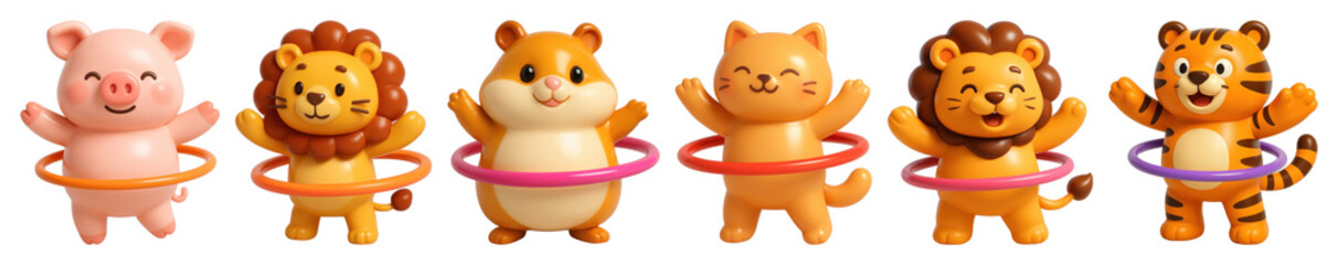 Wall Mural - png cute animals hula hooping fun, element set on transparent background