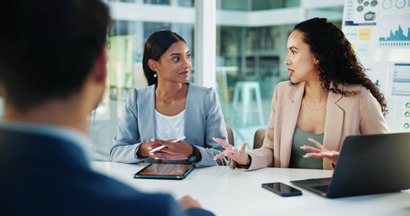 Poster - Business, discussion and people with feedback in meeting for financial performance, budget forecasting and planning. Finance manager, technology and proposal for project funding or cash flow analysis
