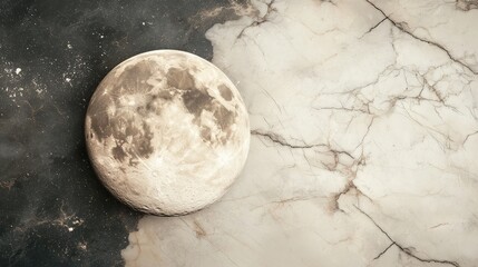 Celestial moon cratered surface against marble texture background