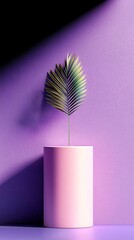 Aufkleber - Pastel Pink Cylinder Vase with Gold and Green Leaf Against Textured Purple Background