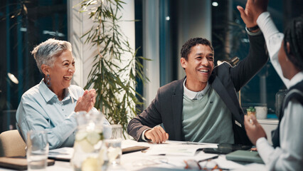 Poster - Success, high five and excited business people with meeting, winning and finance deal at night. Teamwork, cheers and applause with financial seminar, celebration and achievement at funding workshop