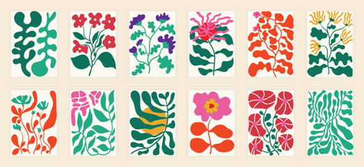 Aufkleber - Botanical doodle background art vector set. Flower and leaves abstract shape doodle art design for print, wallpaper, clipart, wall art for home decoration.