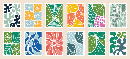 Aufkleber - Botanical doodle background art vector set. Flower and leaves abstract shape doodle art design for print, wallpaper, clipart, wall art for home decoration.