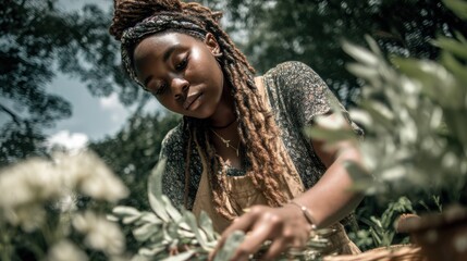 Poster - Woman Gardening in Greenery, Showing Sustainable Living and Environmental Stewardship, Cultivating a Sense of Growth and Connection With Nature : Generative AI