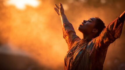 Poster - Woman With Arms Raised in Golden Light, Representing Empowerment and Spiritual Awakening for Self-Care and Personal Growth : Generative AI