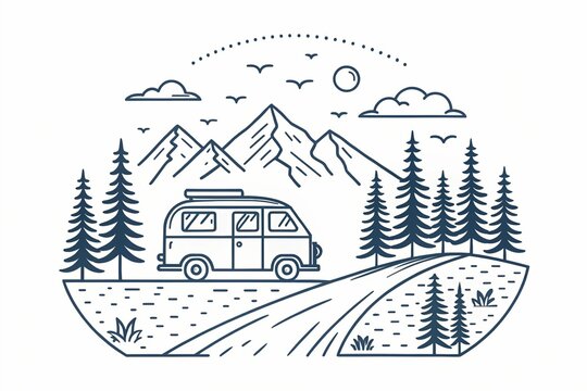 Silhouette camper van on mountain travel vintage logo design. Forest camp vacation summertime. Simple line art travel business logo concept.