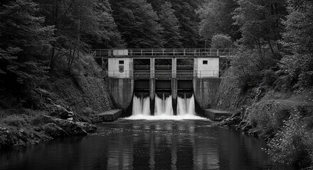 Poster - A black and white photo of a river with a dam in the background