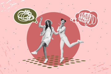 Poster - Full image 3d collage poster of happy girl guy stand bubble receive message communication icon dialogue phrase chatterbox
