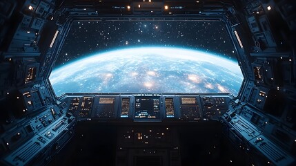 Spaceship cockpit view of Earth from orbit, showing a detailed control panel and a vast, star-filled space beyond the curved planet