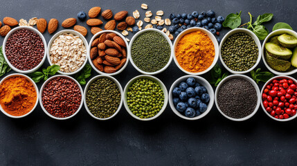 Poster - Variety of nutrient rich foods including nuts, seeds, berries, and spices are displayed in bowls on dark background, showcasing vibrant colors and textures