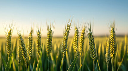 Poster - Field of wheat under clear blue sky, showcasing tall green stalks and golden heads, represents agricultural abundance and potential for nutrient rich food production