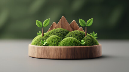 Poster - Miniature landscape with green moss hills and small plants is set in wooden tray, resembling serene natural scene. background is softly blurred, enhancing peaceful atmosphere