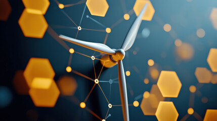 Leinwandbilder - Wind turbine with abstract hexagonal shapes and connecting lines symbolizes renewable energy and green technology innovation. image conveys futuristic and sustainable energy concept