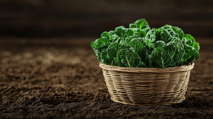 Poster - Fresh green kale leaves in woven basket placed on rich soil, symbolizing organic farming and healthy eating. vibrant greens contrast with earthy background