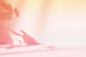 Fototapete - Abstract pink color gradient studio background for product presentation. Empty room with shadows of flowers and plant leaves. 3d orange room with copy space. Summer concept. Blurred backdrop
