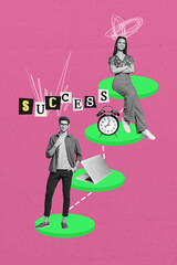 Aufkleber - Poster photo vertical collage of two happy business partners girl guy stand career ladder development flag office supplies goal
