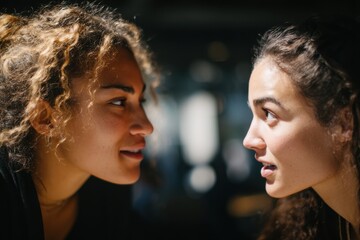 Poster - Two Young Women Face Each Other in Profile, Representing Friendship and Open Communication in a Modern Workplace Setting : Generative AI