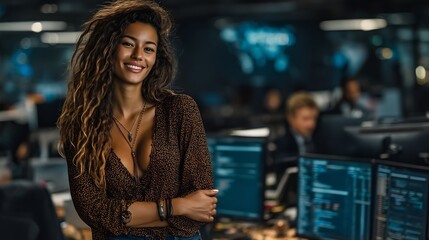 confident woman smiling tech startup office.