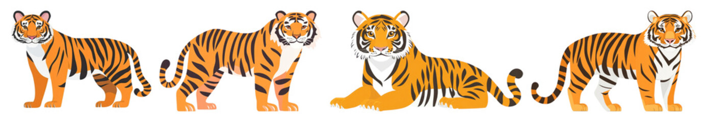 Wall Mural - png illustrated tigers in various poses, element set on transparent background