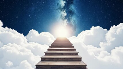 Poster - Wooden Stairway Ascending Through White Clouds to a Starry Sky and a Distant Light