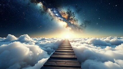 Poster - Wooden Stairway Ascending Through White Clouds to a Starry Sky and a Distant Light