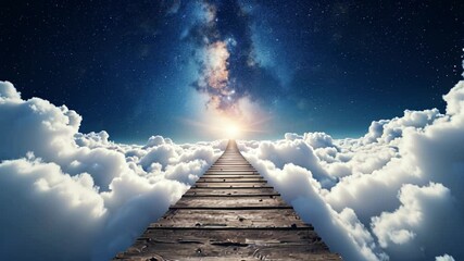 Poster - Wooden Stairway Ascending Through White Clouds to a Starry Sky and a Distant Light
