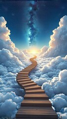 Poster - Wooden Stairway Ascending Through White Clouds to a Starry Sky and a Distant Light