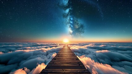 Poster - Wooden Stairway Ascending Through White Clouds to a Starry Sky and a Distant Light