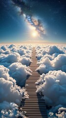 Poster - Wooden Stairway Ascending Through White Clouds to a Starry Sky and a Distant Light