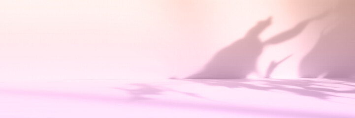 Fototapete - Abstract pink color gradient studio background for product presentation. Empty room with shadows of flowers and plant leaves. 3d purple room with copy space. Banner. Summer concept. Blurred backdrop