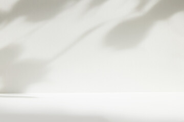 Fototapete - Abstract white color studio background for product presentation. Empty room with shadows of window and flowers and plant leaves . 3d grey room with copy space. Summer concept. Blurred backdrop.