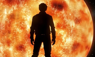 Wall Mural - Silhouette of a person standing against a vibrant, fiery sun in a cosmic background