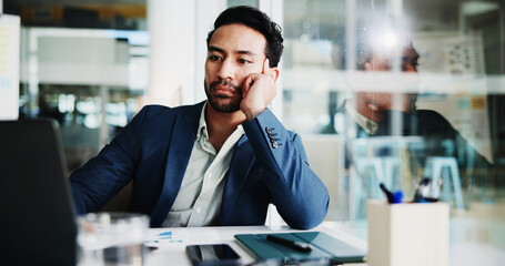 Poster - Business, bored and man with laptop, thinking and waiting for email, decision and tired. Person, consultant or employee in office, pc or choice with fatigue, exhausted or online reading with internet