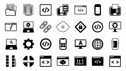 A collection of hand drawn developer icons representing coding tools and software development