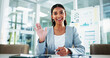 © peopleimages.com - Portrait, business woman and waving in video call for financial update on analysis in office. Smile, worker and greeting in virtual meeting in online conference for investment webinar, pov or talking