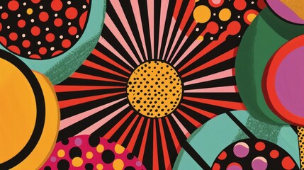 Poster - This image features a vibrant, abstract design with bold geometric shapes, polka dots, and radiating lines