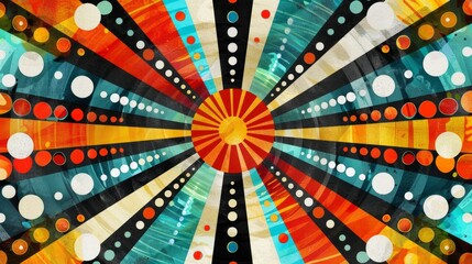 Poster - This image features a vibrant, abstract design with bold geometric shapes, polka dots, and radiating lines